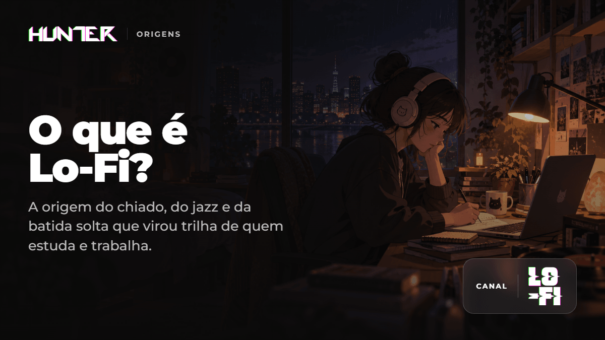 Ilustração em estilo anime de uma garota de fone de ouvido estudando à noite em um quarto iluminado por um abajur, com um notebook, uma caneca e a cidade chuvosa pela janela