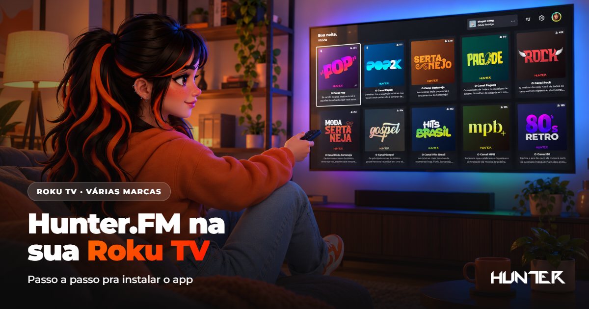 Hunter.FM tocando em uma Roku TV na sala