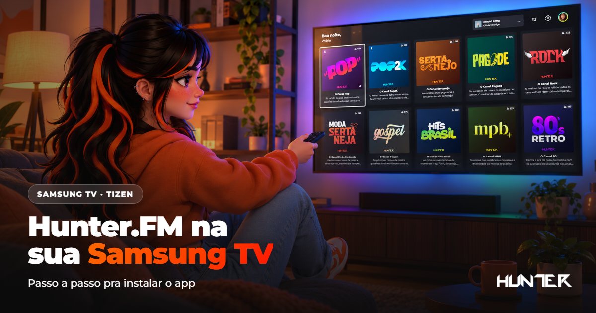 Hunter.FM tocando em uma Smart TV Samsung na sala